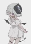  1girl :d bandaid bandaid_on_neck black_ribbon blue_hair blush child clione_myosotis cross cross_necklace demon_tail demon_wings dress eyepatch feet_out_of_frame frills grey_background happy_saint_sheol highres huyucai jewelry looking_at_viewer medical_eyepatch necklace off-shoulder_dress off_shoulder official_art ribbon ribbon_hair_ornament short_hair short_sleeves smile solo tail violet_eyes white_dress wings 