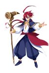  1boy adell_(disgaea) adell_(summoner)_(disgaea) ahoge alternate_hairstyle blue_pants demon_boy disgaea disgaea_rpg full_body glasses hair_between_eyes harada_takehito holding holding_staff long_hair male_focus official_alternate_costume official_art pants pointy_ears redhead shirt shoes smile staff transparent_background 