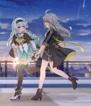  2girls :d :o ahoge black_footwear black_gloves black_hairband blue_sky boots brown_jacket brown_thighhighs city clouds collared_shirt cropped_jacket firefly_(honkai:_star_rail) frilled_shirt_collar frills full_body gloves grey_hair hairband hanamidonan high_heel_boots high_heels highres holding_another&#039;s_wrist honkai:_star_rail honkai_(series) horizon jacket long_hair long_sleeves looking_at_another multiple_girls neckerchief open_mouth orange_neckerchief running shirt sky smile stelle_(honkai:_star_rail) sunset thigh-highs thigh_strap trailblazer_(honkai:_star_rail) violet_eyes white_footwear white_hair white_shirt yellow_eyes 