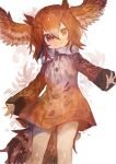  1girl absurdres bird_girl bird_tail bird_wings brown_eyes brown_hair coat commentary eurasian_eagle_owl_(kemono_friends) feathered_wings fur-trimmed_coat fur_trim hair_between_eyes head_wings highres kaamin_(mariarose753) kemono_friends long_sleeves looking_at_viewer simple_background smile solo tail white_background wings 