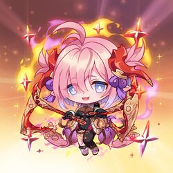  1girl ahoge axe blue_eyes breasts chibi chichiri draph dual_wielding fire full_body gradient_hair granblue_fantasy hair_ornament highres holding horns looking_at_viewer medium_breasts multicolored_hair narinn pink_hair pointy_ears sandals sleeveless smile solo tassel tassel_hair_ornament 