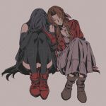  2girls aerith_gainsborough bare_shoulders black_gloves black_hair black_shorts black_skirt black_thighhighs boots brown_footwear brown_hair choker dress elbow_gloves elbow_pads final_fantasy final_fantasy_vii final_fantasy_vii_rebirth final_fantasy_vii_remake flower_choker full_body gloves grey_background hair_over_face hair_ribbon highres jacket leaning_on_person long_dress long_hair multiple_girls parted_bangs pink_dress pink_ribbon red_footwear red_jacket ribbon roku_(gansuns) shorts sidelocks single_elbow_pad sitting skirt thigh-highs tifa_lockhart twitter_username wavy_hair 