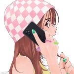  1girl beanie cellphone checkered_clothes checkered_headwear english_commentary from_side green_nails hat holding holding_hair holding_phone jewelry long_hair looking_back multiple_rings open_mouth original phone pink_eyes ring shirt signature sleeveless sleeveless_shirt smartphone solo white_background yue_(yung_n_dum_) 