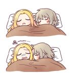  2girls blonde_hair blush_stickers closed_eyes dungeon_meshi elf falin_touden gloom_(expression) grey_hair inconvenient_ears long_hair lying marcille_donato multiple_girls nuzzle on_back on_bed on_side parted_bangs pillow pointy_ears shared_blanket short_hair simple_background unaligned_ears white_background youyan 