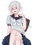  1girl a_certain_high_school_uniform accelerator_(toaru_majutsu_no_index) albino androgynous bare_legs black_bracelet blue_sailor_collar blue_skirt bow brown_bag cowboy_shot crossed_legs flower genderswap genderswap_(mtf) hair_between_eyes hair_flower hair_ornament highres looking_at_viewer midriff_peek miniskirt nira_adam open_mouth pale_skin red_eyes sailor_collar sanpaku school_uniform shirt short_hair short_sleeves sitting sketch skirt solo suzushina_yuriko teeth toaru_majutsu_no_index tossing white_background white_bow white_hair white_shirt 