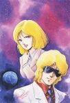  1980s_(style) 1985 1boy 1girl blonde_hair blue_eyes dated earth_(planet) formal grin gundam highres jacket kitazume_hiroyuki looking_at_another looking_at_viewer mullet nebula necktie official_art painting_(medium) planet production_art quattro_bajeena red_lips retro_artstyle sayla_mass scan science_fiction signature smile space starry_background traditional_media watercolor_(medium) zeta_gundam 