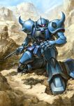  absurdres commentary_request dagger day desert glowing glowing_eye gouf ground_shatter gundam highres holding holding_dagger holding_knife holding_weapon horns knife looking_at_viewer mecha mecha_focus mobile_suit mobile_suit_gundam mountain no_humans on_one_knee outdoors painting_(medium) red_eyes robot science_fiction shield shoulder_spikes single_horn solo spikes traditional_media user_gnsr8477 watercolor_(medium) weapon 