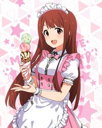  1girl :d apron blush bow bowtie breasts butterfly_ornament dot_nose dress food frilled_apron frilled_skirt frills holding holding_ice_cream_cone ice_cream ice_cream_cone idolmaster idolmaster_million_live! idolmaster_million_live!_theater_days long_hair looking_at_viewer maid_headdress official_alternate_costume official_art open_mouth parted_bangs pink_bow pink_bowtie pink_dress pretty_waitress_(idolmaster) puffy_short_sleeves puffy_sleeves red_eyes redhead shirt short_sleeves sidelocks skirt small_breasts smile solo standing starry_background straight_hair thigh-highs triple_scoop upper_body waist_apron waitress white_apron white_shirt white_thighhighs wrist_cuffs 