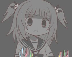  1girl akino_kaede bad_id bad_twitter_id blank_eyes blunt_bangs constricted_pupils despair grey_background hair_ornament kamihama_university_affiliated_school_uniform looking_at_viewer magia_record:_mahou_shoujo_madoka_magica_gaiden mahou_shoujo_madoka_magica monochrome neck_ribbon open_mouth paint_on_body paint_splatter reverse_(bluefencer) ribbon sailor_collar school_uniform shirt simple_background solo spot_color two_side_up upper_body 