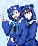  2girls ado_(utaite) adorozatorumary black_bow black_bowtie black_hair blue_background blue_eyes blue_flower blue_hair blue_rose blush bow bowtie cloud_nine_inc collaboration commentary_request fang flower flower_brooch hair_between_eyes hariiiiito10 hood hood_up hug hug_from_behind long_sleeves looking_at_viewer merry_(ado) multiple_girls naima_(ado) nori_(norinori_yrl) onesie open_mouth paw_print paw_print_background readymade_(ado) rose sanrio skin_fang usseewa v 