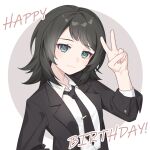  1girl bang_dream! bang_dream!_it&#039;s_mygo!!!!! black_hair black_jacket black_necktie blue_eyes chinese_commentary closed_mouth collared_shirt commentary_request commission english_text hand_up happy_birthday highres jacket long_hair looking_at_viewer necktie second-party_source shirt smile solo tie_clip tsumalan upper_body v white_shirt yahata_umiri 