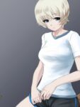  1girl black_shorts blue_eyes closed_mouth commentary dolphin_shorts frown girls_und_panzer grey_background gym_uniform highres looking_at_viewer shirt short_hair short_shorts short_sleeves shorts sitting solo t-shirt white_hair white_shirt youko_(girls_und_panzer) yoyokkun 