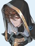  1boy armor brown_hair close-up granblue_fantasy hood looking_at_viewer male_focus messy_hair red_eyes sandalphon_(granblue_fantasy) solo_focus suzuki_rika v-shaped_eyebrows 