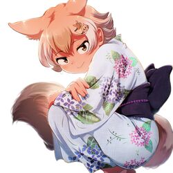  1girl absurdres animal_ears blonde_hair coyopotato coyote_(kemono_friends) extra_ears hair_ornament hairpin highres japanese_clothes kemono_friends kemono_friends_v_project kimono looking_at_viewer mcgunngu short_hair simple_background solo squatting tail virtual_youtuber wolf_ears wolf_girl wolf_tail yellow_eyes yukata 