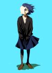  1girl absurdres bad_id bad_twitter_id black_pantyhose black_sweater blue_background blue_hair blue_skirt bocchi_the_rock! brown_footwear closed_mouth collared_shirt full_body highres kerorira loafers long_sleeves looking_at_viewer neck_ribbon pantyhose paper paper_on_head pleated_skirt red_ribbon ribbon shirt shoes short_hair simple_background skirt sleeves_past_fingers sleeves_past_wrists solo standing sweater white_shirt wind yamada_ryo yellow_eyes 