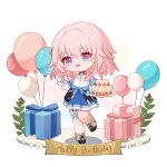  1girl ankle_boots balloon birthday_cake black_choker black_corset black_footwear blue_eyes blue_jacket blue_skirt boots box bra_strap buttons cake camera candle chibi chinese_commentary choker commentary_request corset dress_shirt english_text food gift gift_box happy_birthday highres honkai:_star_rail honkai_(series) huang_tie_lin jacket long_sleeves march_7th_(honkai:_star_rail) medium_hair miniskirt open_mouth pink_eyes pink_hair pink_jacket pleated_skirt shirt skirt smile solo thigh_strap tied_jacket underbust white_shirt 