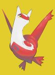  brown_eyes colored_skin highres latias multicolored_skin no_humans nullma pokemon pokemon_(creature) red_skin simple_background slit_pupils solo two-tone_skin white_skin yellow_background 