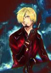  1boy absurdres black_gloves blonde_hair cigarette clouds cloudy_sky coat commentary_request curly_eyebrows facial_hair furol_nicoco gloves goatee hair_over_one_eye highres male_focus mustache one_piece rain red_coat sanji_(one_piece) short_hair sky solo suit 