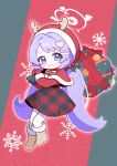  1girl absurdres antlers blue_archive blue_eyes blush boots brown_footwear capelet closed_mouth full_body halo hanae_(blue_archive) hanae_(christmas)_(blue_archive) highres holding holding_sack hood hood_up hooded_capelet horns jorang_(jorang08) long_hair long_sleeves looking_at_viewer mittens official_alternate_costume pantyhose purple_hair red_capelet red_mittens red_skirt red_sweater reindeer_antlers sack skirt smile snowflakes solo sweater twintails white_pantyhose 