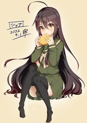  1girl ahoge black_hair black_thighhighs bow bread brown_background brown_eyes dated eating food full_body green_sailor_collar green_serafuku green_shirt green_skirt grey_bow highres long_hair looking_at_viewer melon_bread misaki_high_school_uniform ourah_ikuzus sailor_collar sailor_shirt school_uniform serafuku shakugan_no_shana shana shirt signature simple_background sitting skirt solo thigh-highs very_long_hair 