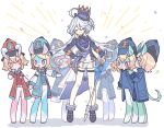  &gt;_&lt; 6+girls :d :o animal_ears aqua_hat ascot black_footwear blonde_hair blue_ascot blue_bow blue_bowtie blue_hat blue_jacket bow bowtie closed_eyes closed_mouth cowlick facing_viewer frilled_sleeves frills full_body furina_(genshin_impact) genshin_impact gloves hand_on_own_hip hat hat_ribbon jacket long_hair long_sleeves looking_at_viewer melusine_(genshin_impact) multiple_girls open_mouth orange_eyes pink_bow pink_bowtie red_hat red_jacket ribbon shoes shorts smile splendor_of_tranquil_waters_(genshin_impact) tail top_hat very_long_hair violet_eyes waa_(wawawaa1005) waistcoat white_gloves white_hair white_shorts 