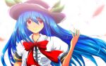  1girl black_hat blue_hair bow bowtie closed_mouth commentary_request hat highres hinanawi_tenshi leaf long_hair looking_at_viewer nekominase peach_hat_ornament red_bow red_bowtie red_eyes short_sleeves simple_background solo touhou upper_body white_background 