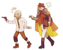  2boys :d ^_^ aiming black_footwear black_hat black_necktie black_pants black_vest blonde_hair blunt_ends blush bob_cut boots borrowed_clothes bottle braid braided_bangs brown_footwear bungou_to_alchemist buttons closed_eyes collared_shirt crossed_bangs dazai_osamu_(bungou_to_alchemist) double-breasted drunk facing_another fang fedora finger_on_trigger flying_sweatdrops frown full_body fur-trimmed_kimono fur_trim grey_shirt gun hair_behind_ear hair_between_eyes handgun hat hat_belt highres holding holding_bottle holding_clothes holding_gun holding_jacket holding_weapon jacket japanese_clothes kimono kimono_on_shoulders long_necktie long_sleeves male_focus multiple_boys nakahara_chuuya_(bungou_to_alchemist) necktie noroinoenojin open_collar open_mouth pants parted_bangs red_kimono red_necktie redhead shirt shoes short_hair simple_background smile sweatdrop untucked_shirt unworn_jacket v-shaped_eyebrows vest walking waving weapon white_background white_pants white_shirt wine_bottle 