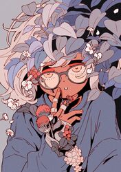  03moonmoonmoon 1girl :o arm_at_side bandaged_fingers bandaged_hand bandages blue_shirt crooked_eyewear dark-skinned_female dark_skin dot_nose dutch_angle fingers_to_mouth flower glasses hair_flower hair_ornament highres long_sleeves looking_at_viewer medium_hair open_mouth original petals shirt sidelocks solo teeth upper_body white_flower white_hair 