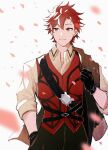  1boy black_gloves collared_shirt diamant_(fire_emblem) fire_emblem fire_emblem_engage gloves highres looking_to_the_side male_focus red_eyes red_vest redhead shirt sleeves_rolled_up solo upper_body vest white_shirt yoi0763 