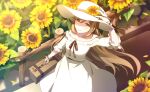  1girl absurdres anri_mike bench brown_hair brown_ribbon collarbone dress flower hair_between_eyes hat hat_flower highres holding holding_suitcase long_hair looking_at_viewer original outdoors ribbon smile solo straw_hat suitcase sun_hat sunflower white_dress wrist_cuffs yellow_flower 