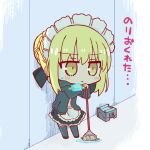  1girl apron artoria_pendragon_(fate) black_footwear black_jacket black_skirt black_thighhighs blonde_hair blush braid braided_bun brown_eyes chibi closed_mouth commentary_request fate/grand_order fate_(series) food full_body hair_between_eyes hair_bun holding holding_food hood hood_down hooded_jacket indoors jacket kasuga_yuuki maid_headdress mop navel open_clothes open_jacket popsicle saber_alter shoes skirt small_sweatdrop solo standing sweat thigh-highs translation_request waist_apron white_apron 