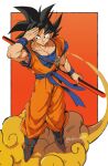  1boy absurdres black_eyes black_hair blue_footwear blue_sash blue_shirt boots dougi dragon_ball dragon_ball_z flying_nimbus highres holding holding_staff medium_hair muscular muscular_male orange_background orange_pants orange_shirt pants relio_db318 ruyi_jingu_bang saiyan sash shirt solo son_goku spiky_hair staff twitter_username 