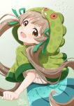  1girl :d ahoge blush brown_eyes brown_hair capelet character_hood chupacabra_(idolmaster) clenched_hand commentary_request dress floral_print floral_print_dress from_behind goma_konbu gradient_background green_background green_capelet green_dress green_ribbon hair_ribbon hakozaki_serika head_tilt highres hood hood_up hooded_capelet idolmaster idolmaster_million_live! long_hair looking_at_viewer looking_back open_mouth raised_eyebrows ribbon short_sleeves smile solo striped_clothes striped_dress sweater thick_eyelashes translation_request turning_head twintails very_long_hair white_sweater 