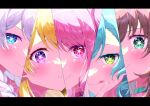 5girls aqua_hair bang_dream! blonde_hair brown_hair green_eyes highres hikawa_hina long_hair maruyama_aya meu203 multiple_girls oshi_no_ko pastel_palettes pink_eyes pink_hair shirasagi_chisato short_hair smile star_(symbol) violet_eyes wakamiya_eve yamato_maya