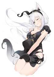  1girl absurdres ahoge animal_ear_fluff animal_ear_piercing animal_ears aqua_eyes black_hairband black_headband black_shirt black_tail crossed_bangs double-parted_bangs earrings extra_ears fox_ears fox_girl fox_tail hair_between_eyes hairband headband highres hololive jewelry long_hair looking_at_viewer loungewear low-tied_long_hair menomeno_draw multicolored_tail nejima_kitsune_(shirakami_fubuki) official_alternate_costume pentagram shirakami_fubuki shirakami_fubuki_(loungewear) shirt side-tie_shirt sidelocks simple_background single_earring solo tail two-tone_tail virtual_youtuber white_background white_hair white_tail wind 