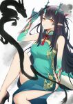  arknights black_hair china_dress chinese_clothes dragon_girl dragon_horns dragon_tail dress dusk_(arknights) dusk_(everything_is_a_miracle)_(arknights) earrings fiery_tail gradient_skin green_dress green_horns highres horns jewelry long_hair looking_at_viewer multicolored_hair red_eyes sleeveless sleeveless_dress streaked_hair tail tassel tassel_earrings teagun 