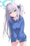  1girl absurdres blue_archive blue_halo blue_hoodie blush braid breasts closed_mouth cowboy_shot grey_hair hair_between_eyes halo heart highres hood hood_down hoodie leepy long_hair long_sleeves miyako_(blue_archive) miyako_(young)_(blue_archive) one_side_up simple_background small_breasts smile solo violet_eyes white_background 