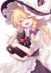  1girl absurdres animal_hug apron back_bow black_cat blonde_hair blush bow braid cat commentary_request hair_bow hakurei_kaede hat hat_bow highres kirisame_marisa long_hair open_mouth purple_bow red_bow side_braid single_braid smile solo touhou waist_apron white_apron white_bow witch_hat 