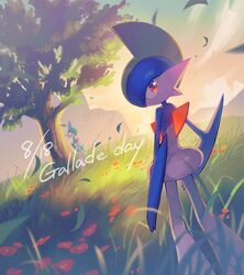  alternate_color character_name closed_mouth commentary_request falling_leaves flower gallade grass highres leaf looking_back outdoors pokemon pokemon_(creature) red_flower shiny_pokemon sky standing tree wing_(wing_0319) 