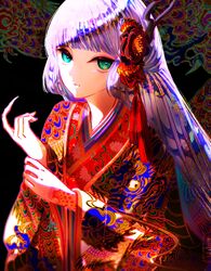  1girl 8rami2ki arm_tattoo colored_skin dragon_print fingernails flower green_eyes highres japanese_clothes kimono long_fingernails long_hair looking_at_viewer multicolored_hair original solo tattoo white_skin 