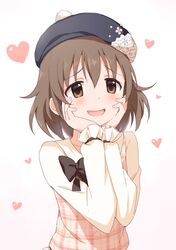  1girl absurdres black_bow blush bow brown_eyes brown_hair buchi_(y0u0ri_) dot_nose dress_bow hands_on_own_face hands_up hat heart highres idolmaster idolmaster_cinderella_girls idolmaster_cinderella_girls_starlight_stage kita_hinako long_sleeves looking_at_another open_mouth plaid_clothes plaid_shirt shirt short_hair smile solo upper_body white_background white_shirt 