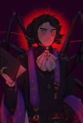  1boy adapted_costume air_freshener animal_ears arthropod_limbs ascot book brown_hair cross emphasis_lines extra_arms extra_eyes facial_hair fragrance_man gomi_(gomiidd) highres holding holding_book horns jschlatt male_focus minecraft_youtube mustache origins_smp priest red_eyes sheep_boy sheep_ears sheep_horns short_hair sideburns solo spider_boy thick_eyebrows upper_body 