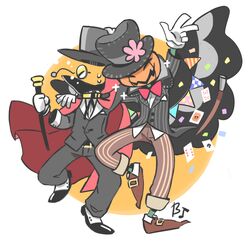  2boys ace_(playing_card) ace_of_spades arm_around_neck beco_(100me) belt belt_buckle black_belt black_cape black_footwear black_hat black_jacket black_pants black_ribbon black_suit blazer bow bowtie brown_footwear brown_pants buckle buttons cape card circle collared_cape collared_jacket confetti dress_pants flower flying_sweatdrops gloves hand_on_another's_shoulder hand_on_headwear handkerchief hat hat_flower high_collar holding holding_wand invisible_man jack-o'-lantern_head jacket joker_(playing_card) kirby_(series) lapels long_sleeves magician male_focus monocle multiple_boys neck_ribbon nervous_sweating pants personification pink_flower pinstripe_jacket pinstripe_pants pinstripe_pattern playing_card pointy_footwear red_bow red_bowtie red_cape ribbon round_eyewear shirt spade_(shape) sparkle squashini suit sweat top_hat traditional_bowtie trait_connection wand white_background white_gloves white_shirt wiz_(kirby) 