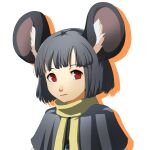  1girl absurdres animal_ear_fluff animal_ears blunt_bangs capelet colored_shadow commentary drop_shadow english_commentary expressionless grey_capelet highres looking_at_viewer medium_bangs mouse_ears mouse_girl nazrin parody persona persona_4 red_eyes shadow short_hair simple_background solo step_arts style_parody touhou upper_body white_background 