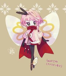  1girl alternate_color antennae black_eyes black_gloves black_pantyhose braid closed_mouth colored_eyelashes creature_and_personification frown full_body gloves highres insect_wings long_hair mugimochi_g no_nose pantyhose personification pink_hair pokemon red_scarf ribombee scarf shiny_pokemon short_eyebrows single_braid wings 