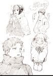  2boys 2girls blunt_bangs boots breath coat greyscale hands_in_pockets hands_up haruho_drst hat kagurabachi kakari_hiyuki kyonagi_char long_sleeves mittens monochrome multiple_boys multiple_girls rokuhira_chihiro scar scar_on_face scarf short_hair simple_background sitting sketch sleeves_past_fingers sleeves_past_wrists unworn_mittens white_background 