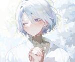  1boy blush cape closed_mouth dungeon_meshi grey_eyes highres male_focus maratang mithrun one_eye_closed own_hands_clasped own_hands_together short_hair simple_background smile solo upper_body white_background white_cape white_hair 