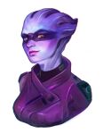  1girl absurdres alien asari_(mass_effect) colored_skin green_eyes highres jacket jzxl looking_at_viewer mass_effect:_andromeda mass_effect_(series) pelessaria_b&#039;sayle pink_lips purple_jacket purple_skin simple_background solo upper_body white_background 
