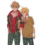  2boys absurdres aether_(genshin_impact) ahoge alternate_costume blliqw blonde_hair blush braid brown_jacket brown_sweater buttons closed_mouth collared_shirt crossed_bangs cup disposable_cup drinking drinking_straw earrings frappuccino genshin_impact green_eyes green_pants hair_between_eyes hair_ornament hands_in_pockets hands_up headband highres holding holding_cup hood hoodie jacket jewelry lapels light_brown_hair long_hair long_sleeves looking_at_another looking_at_viewer male_focus multiple_boys necklace necktie open_clothes open_jacket orange_eyes pants plaid plaid_pants ponytail puffy_long_sleeves puffy_sleeves red_hoodie red_necktie shirt simple_background single_earring smile standing sweater thoma_(genshin_impact) white_background white_shirt 