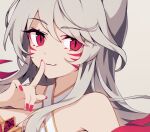  1girl ahri_(league_of_legends) closed_mouth facial_mark finger_to_mouth fingernails fuiyu_(feuille0818) grey_background hair_between_eyes immortalized_legend_ahri league_of_legends long_hair looking_at_viewer nail_polish official_alternate_costume official_alternate_hairstyle portrait red_eyes red_nails sidelocks simple_background solo whisker_markings white_hair 